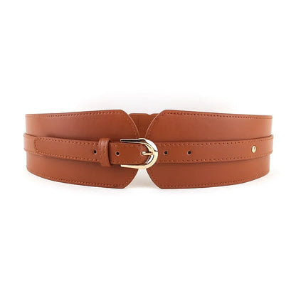 Ceinture corset large en cuir marron avec boucle doree, style elegant et moderne pour affiner la taille