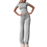 Ensemble femme top manches courtes et pantalon long gris 2