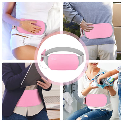 Ceinture anti douleur menstruelle rose avec fonction chauffante et massante, portee de differentes manieres sur le ventre