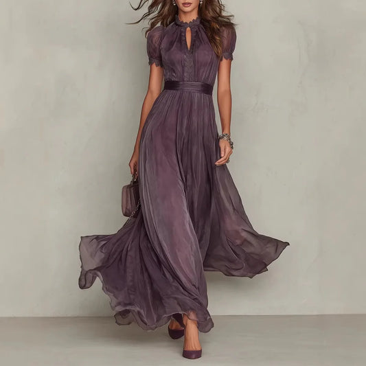 Robe longue mousseline dentelle col haut manches courtes