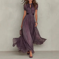 Robe longue mousseline dentelle col haut manches courtes