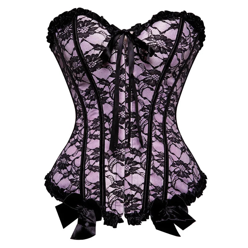 Bustier Satin en dentelle noire sur fond lilas avec noeuds decoratifs, style corset elegant et raffine