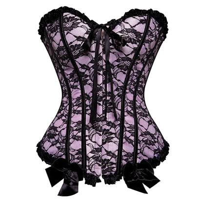 Bustier Satin en dentelle noire sur fond lilas avec noeuds decoratifs, style corset elegant et raffine