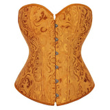 Corset Vert Vintage en tissu jacquard orange avec attache frontale pour une silhouette élégante et féminine.