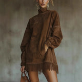 Robe courte velours col montant manches longues franges – Couleur Café
