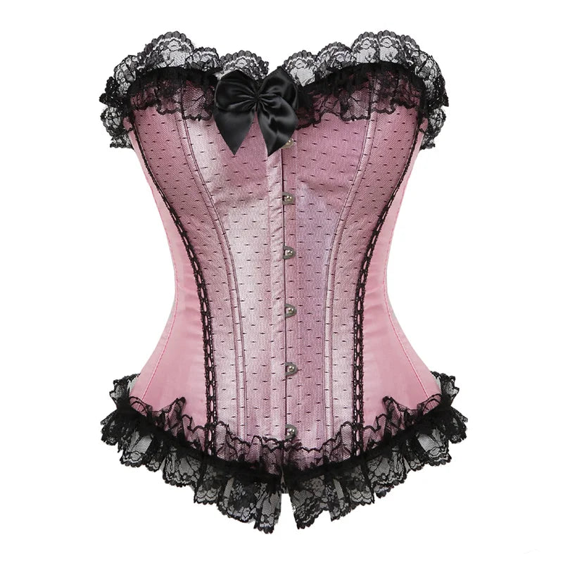 Bustier Satin rose avec dentelle noire, noeud decoratif et volants, style vintage romantique elegant