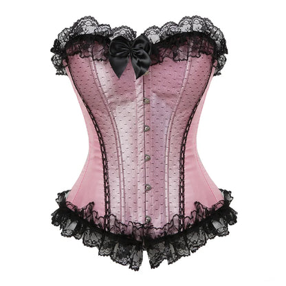 Bustier Satin rose avec dentelle noire, noeud decoratif et volants, style vintage romantique elegant