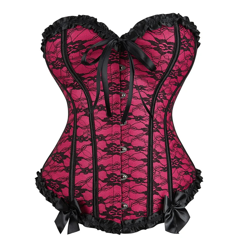 Bustier satin rose fuchsia avec dentelle noire, noeuds decoratifs et volants, style corset elegant et vintage