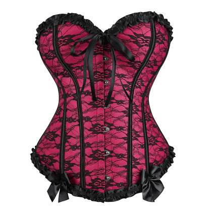 Bustier satin rose fuchsia avec dentelle noire, noeuds decoratifs et volants, style corset elegant et vintage
