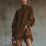Robe courte velours col montant manches longues franges 4
