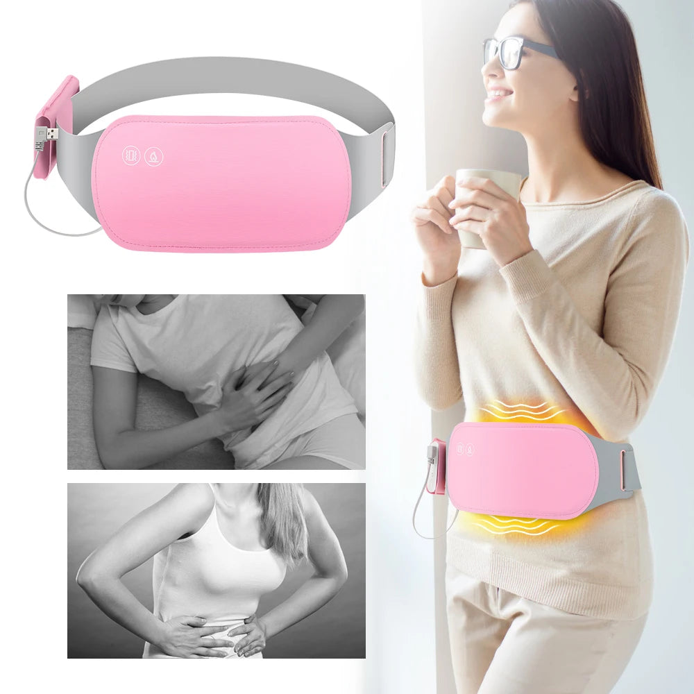 Ceinture Anti Douleur Menstruelle rose et grise avec fonction chauffante, affichee sur modele pour soulagement menstruel
