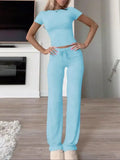 Ensemble femme top manches courtes et pantalon long gris – Bleu Ciel