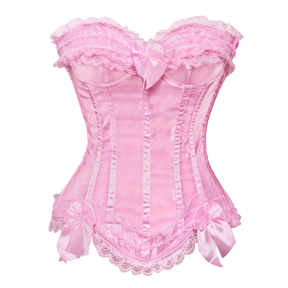 Bustier Satin rose avec dentelle delicate, noeuds decoratifs et bordure festonnee en style victorien elegant