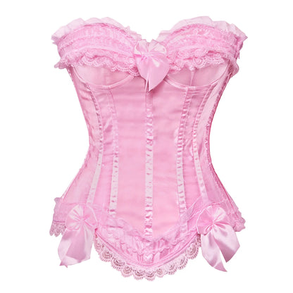Bustier Satin rose avec dentelle delicate, noeuds decoratifs et bordure festonnee en style victorien elegant