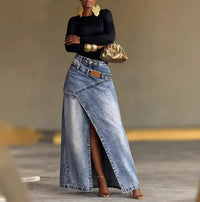 Jupe longue denim taille haute fendue asymétrique femme