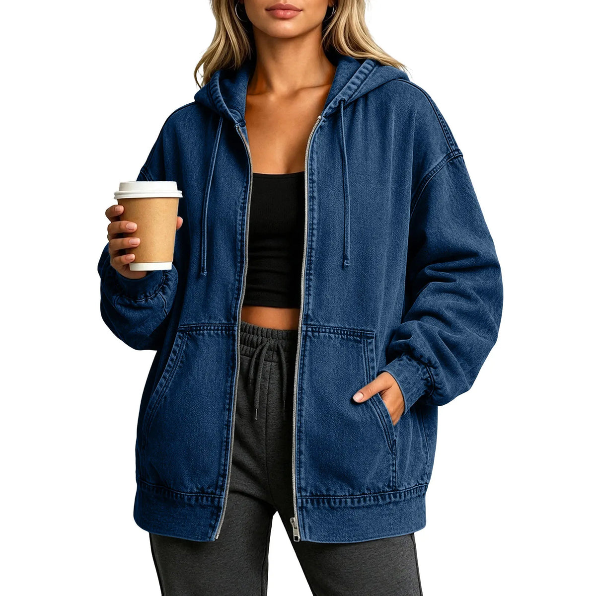 Veste denim bleu femme capuche oversize poches
