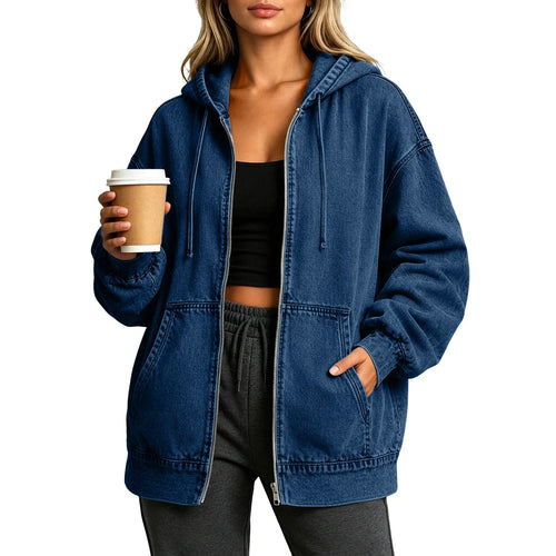 Veste denim bleu femme capuche oversize poches