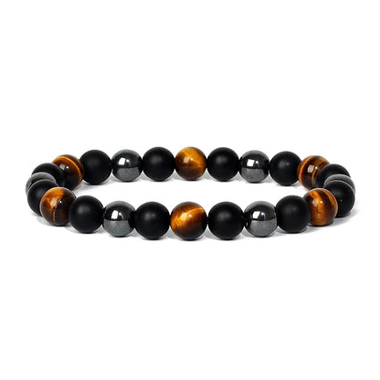 Bracelet magnetique pour maigrir homme en perles d'oeil de tigre, hematite et onyx noir, elegant et ajustable