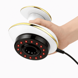 Aspirateur Palper Rouler avec lumieres LED rouges, appareil de massage blanc et dore tenu en main pour anti-cellulite
