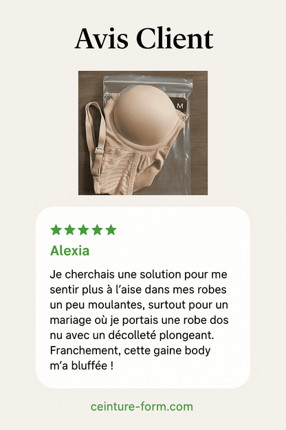 Body gainant sans bretelles beige en emballage transparent avec avis client 5 etoiles pour ceinture-form.com