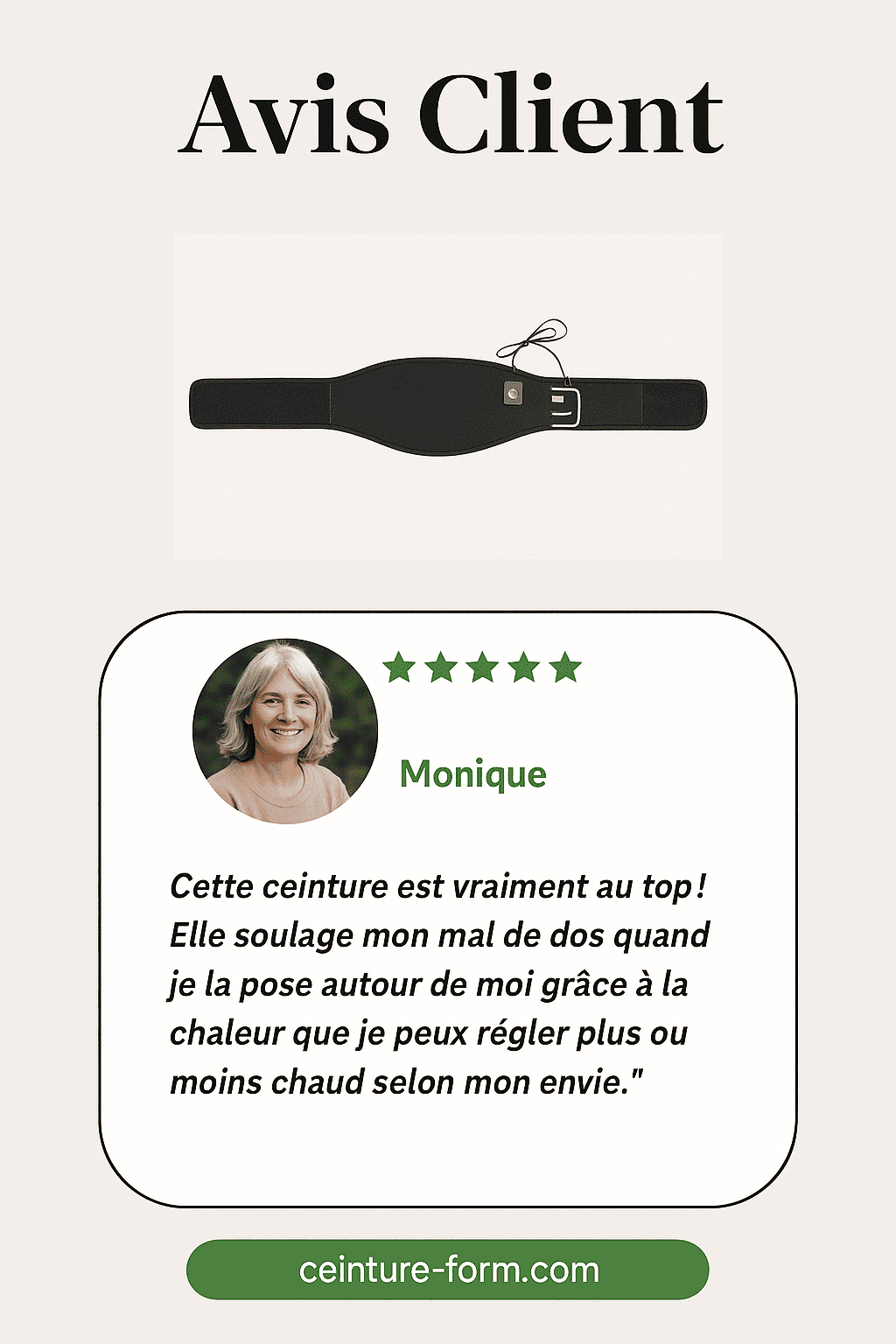 Ceinture lombaire chauffante noire avec fonction massage, affichage avis client 5 etoiles et temoignage positif sur fond blanc