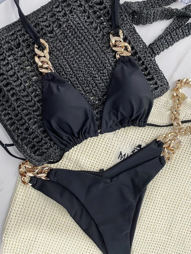 Bikini Triangle à Nouer Autour du Cou Orné de Chaîne Femme