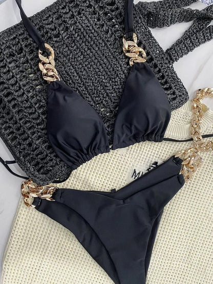 Bikini Triangle à Nouer Autour du Cou Orné de Chaîne Femme