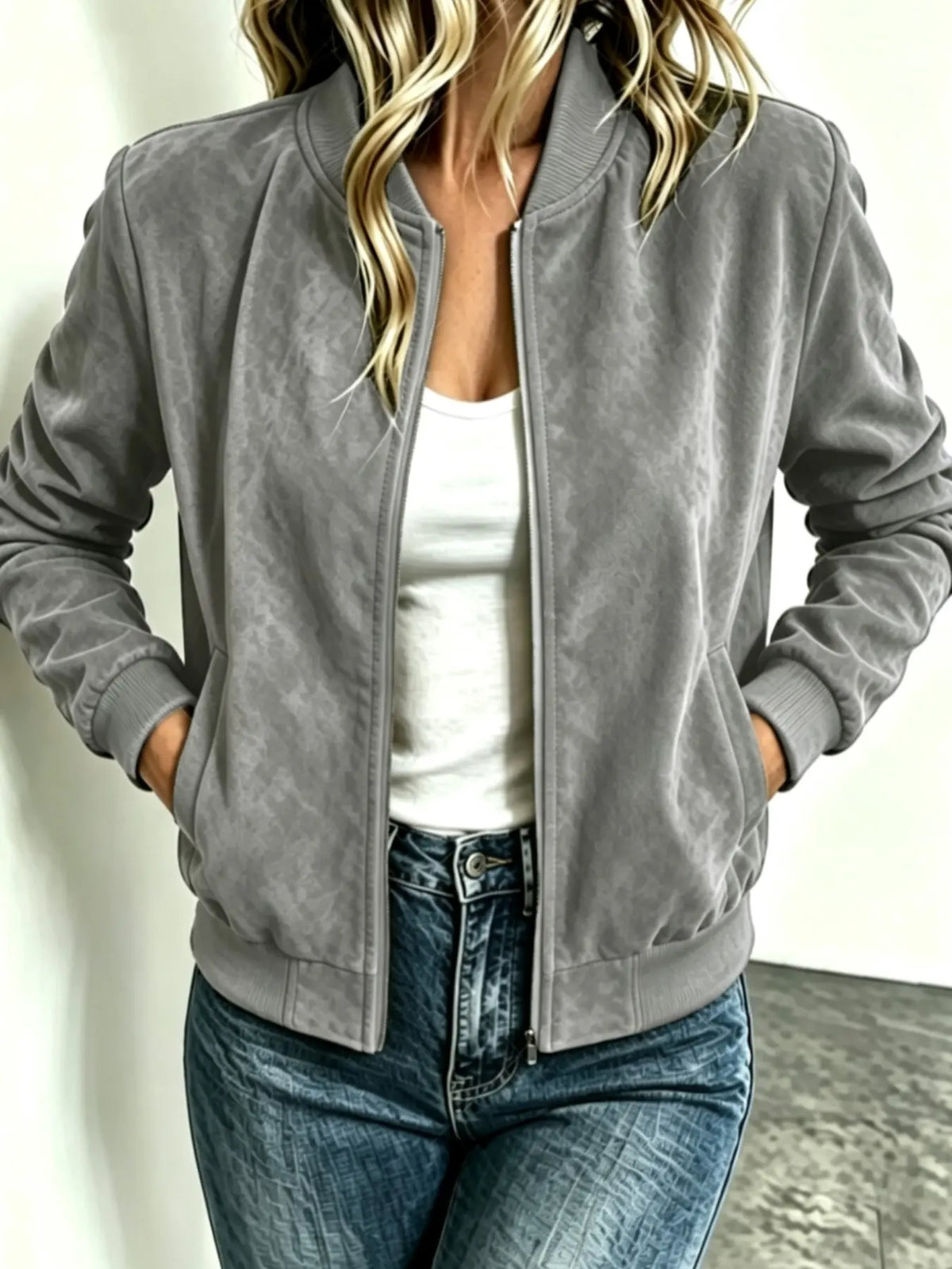 Veste baseball femme imitation suède col montant zip – Gris Poudré