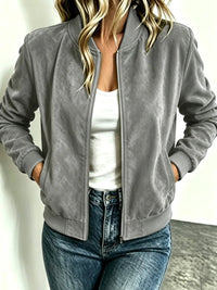 Veste baseball femme imitation suède col montant zip – Gris Poudré