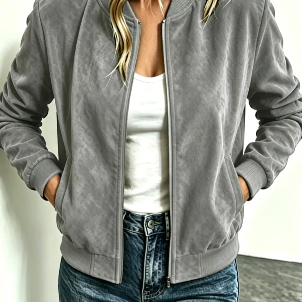Veste baseball femme imitation suède col montant zip 7