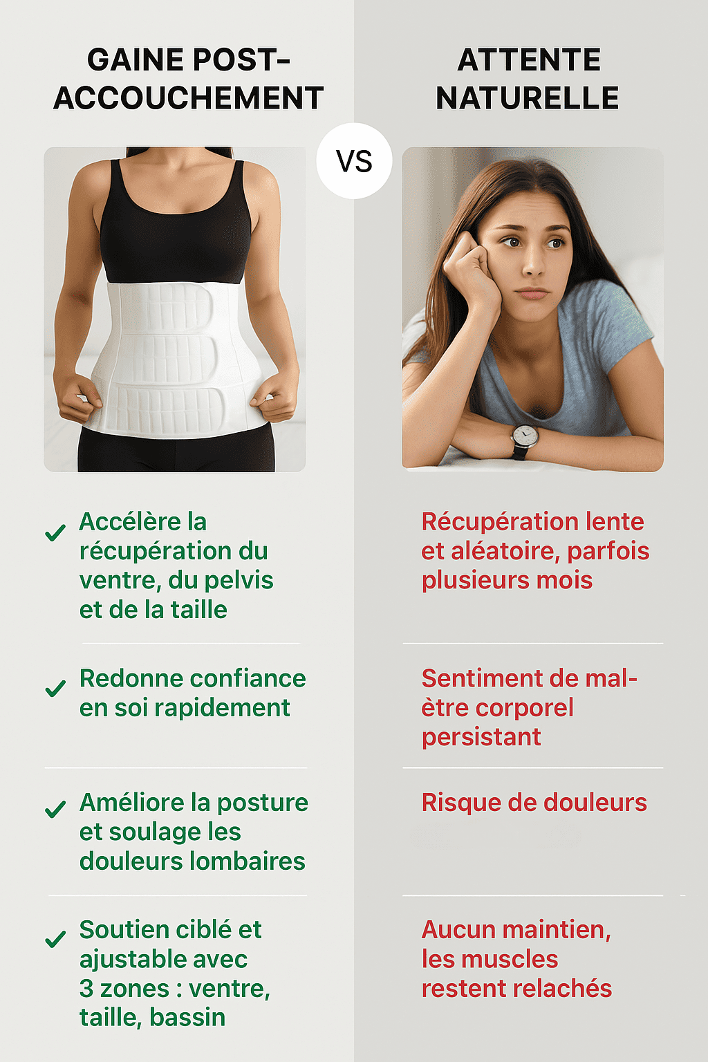 Ceinture gainante post-accouchement comparee a la recuperation naturelle, montrant les avantages du soutien abdominal