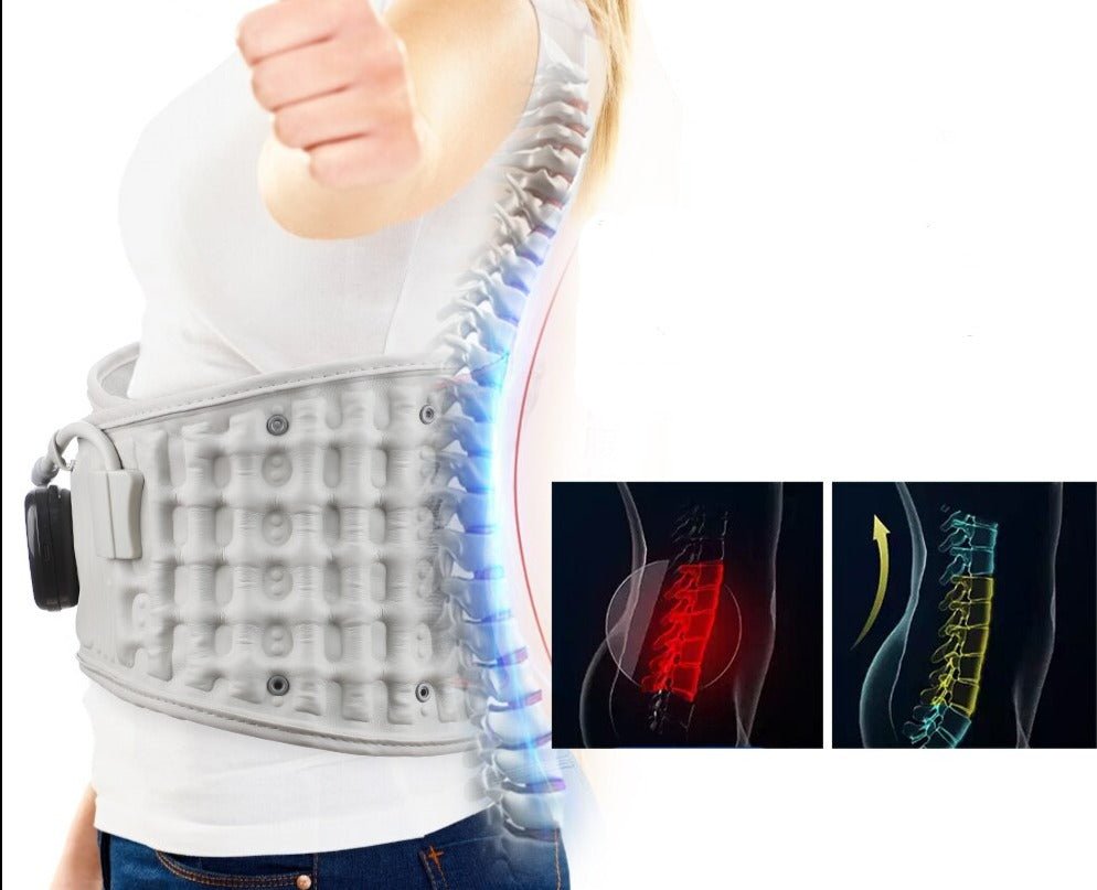 Ceinture dos a batterie rechargeable avec fonction chauffante et gonflable pour soulagement lombaire, illustration colonne vertebrale