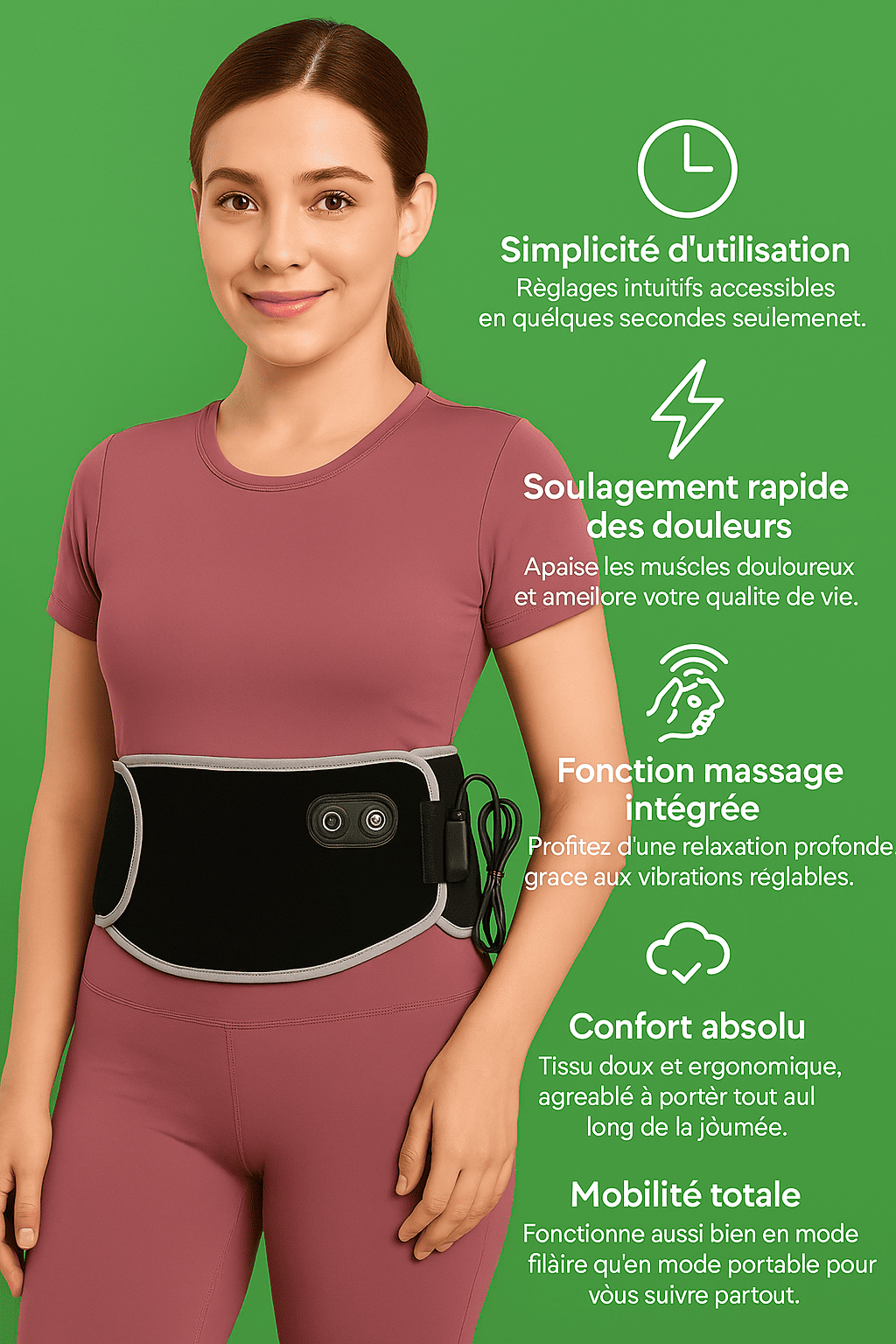 Ceinture lombaire chauffante avec fonction massage integree, demonstration sur fond vert avec texte explicatif des caracteristiques