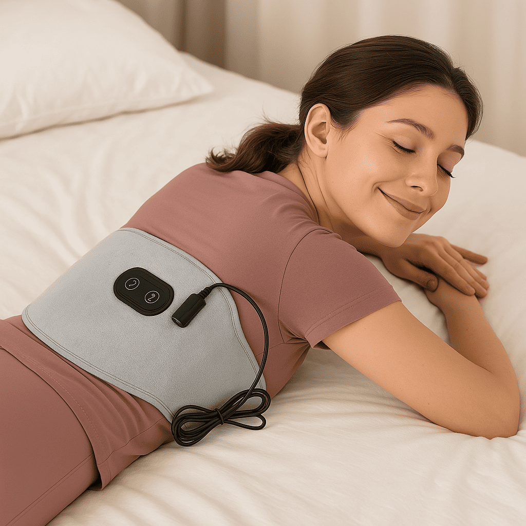 Ceinture lombaire chauffante portee confortablement sur le lit, montrant le dispositif de massage et de chaleur integre
