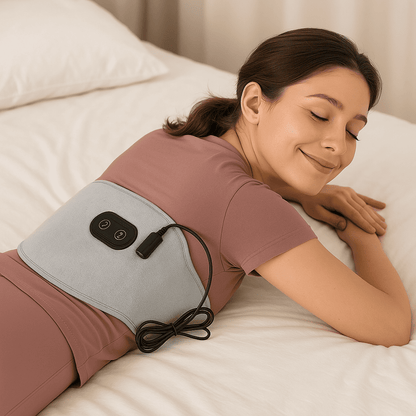 Ceinture lombaire chauffante portee confortablement sur le lit, montrant le dispositif de massage et de chaleur integre