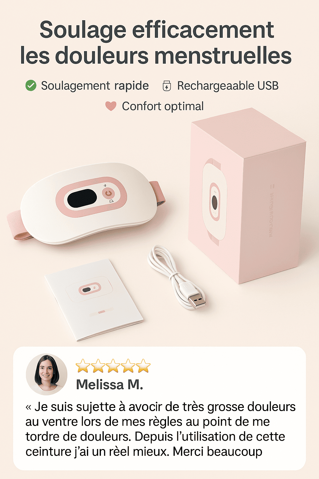 Ceinture Massante Chauffante contre les Douleurs Règles Menstruelles avec massage, chaleur et recharge USB pour soulagement rapide.