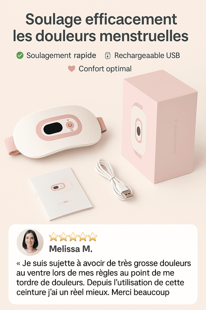 Ceinture Massante Chauffante contre les Douleurs Règles Menstruelles avec massage, chaleur et recharge USB pour soulagement rapide.