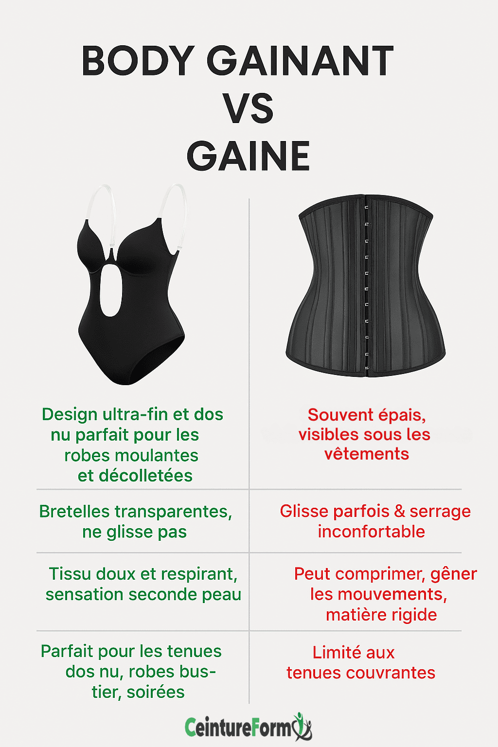 Body gainant vs gaine: comparaison visuelle des differences entre body sculptant et corset traditionnel noir