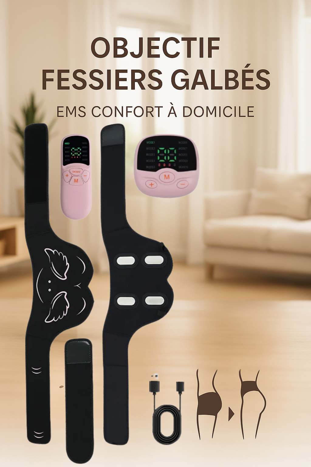 Electrostimulation Fessier avec télécommande et électrodes pour tonifier et sculpter les fessiers à domicile.