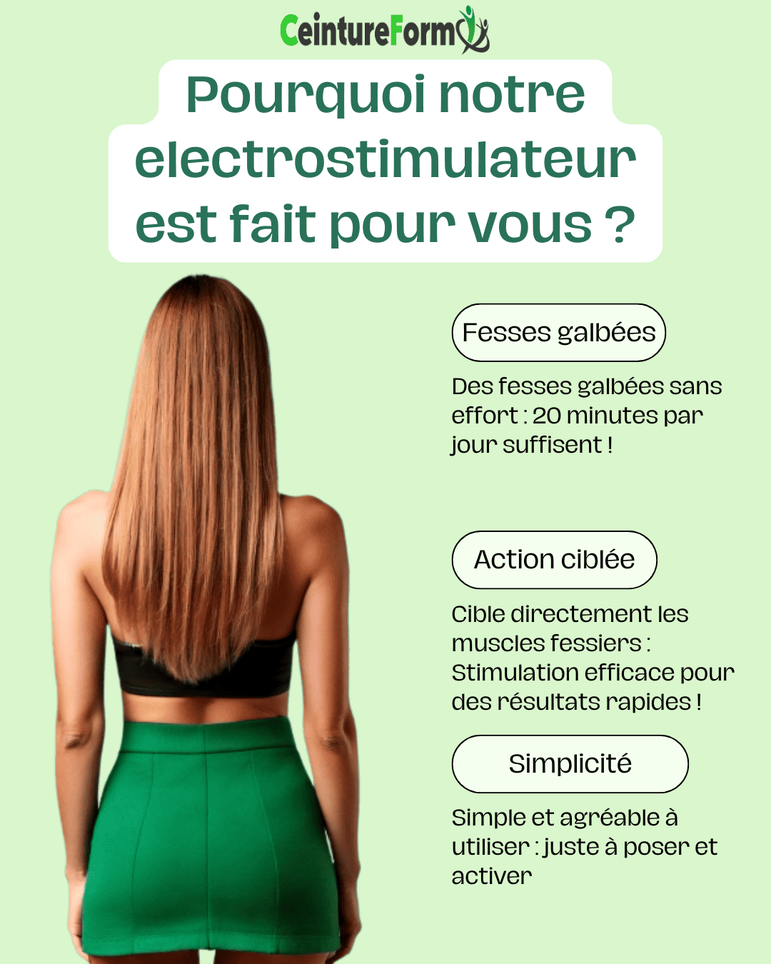 Electrostimulateur Fessier pour fesses galbées, stimulation ciblée des muscles fessiers, facile à utiliser en 20 minutes par jour.