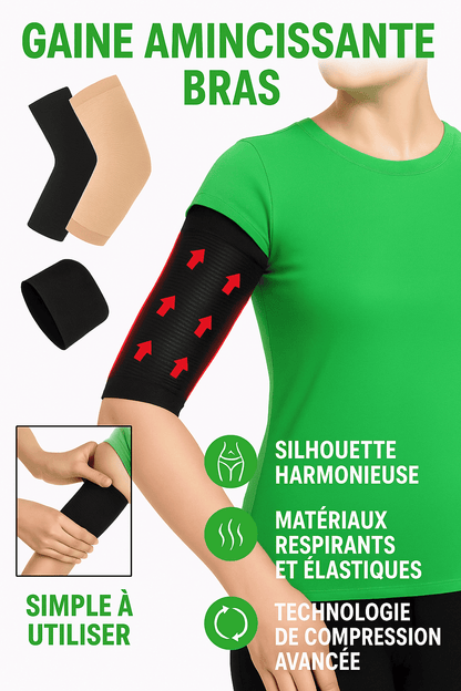 Gaine Amincissante Bras noire portée, conçue pour affiner et tonifier les bras avec technologie de compression avancée.