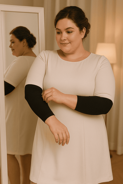 Femme portant la Gaine Amincissante Bras noire, confortable et discrète sous une robe beige, bras affinés et toniques.