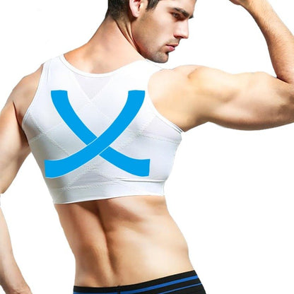 Homme portant la Gaine Gynecomastie blanche pour soutenir et améliorer la posture et la silhouette masculine.