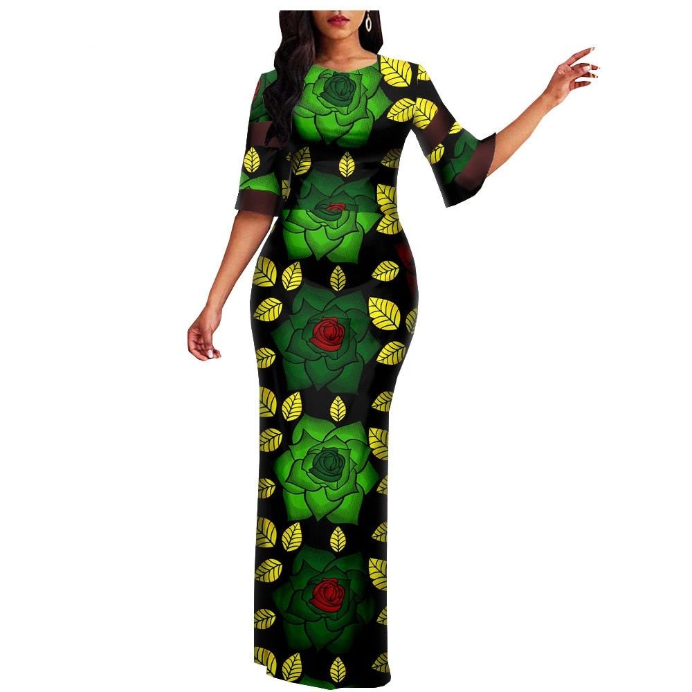 Robe Africaine Wax vert plante