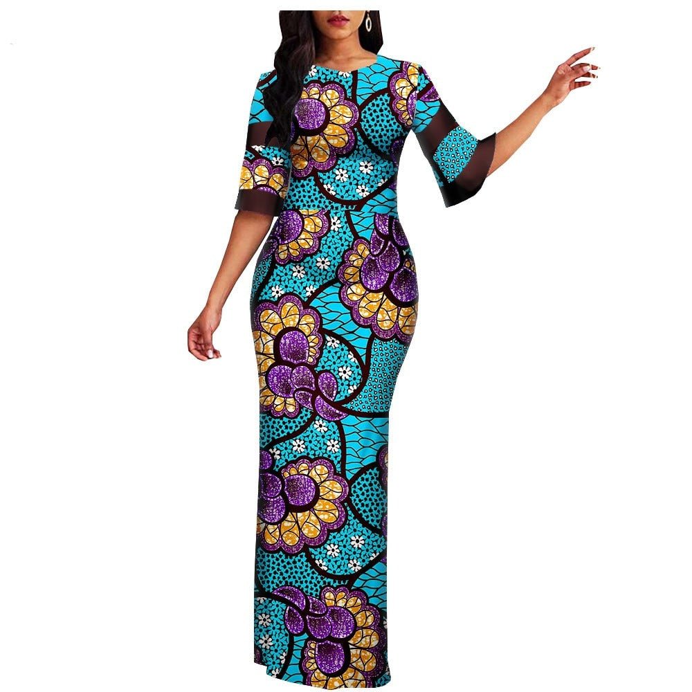 Robe Africaine Wax bleu ciel et violet