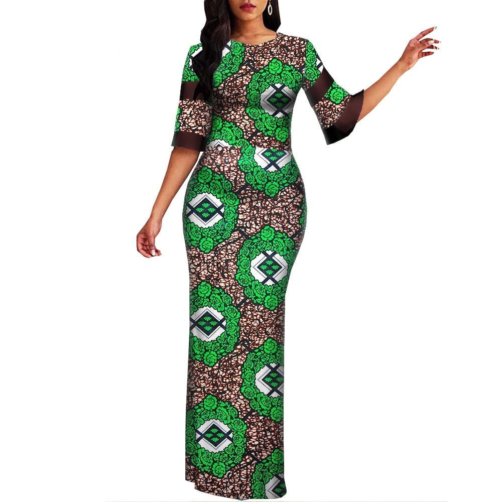 Robe Africaine Wax vert et marron