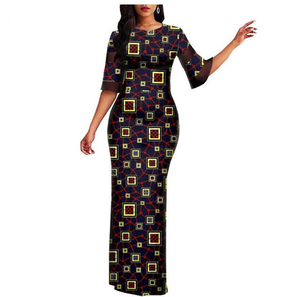 Robe Africaine Wax rouge bleu avec carré