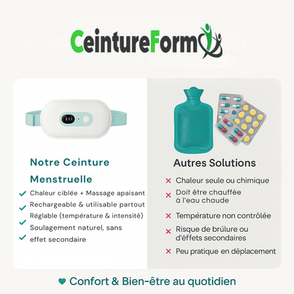 Ceinture Massante Chauffante contre les Douleurs Règles Menstruelles avec chaleur ciblée et massage apaisant rechargeable USB.