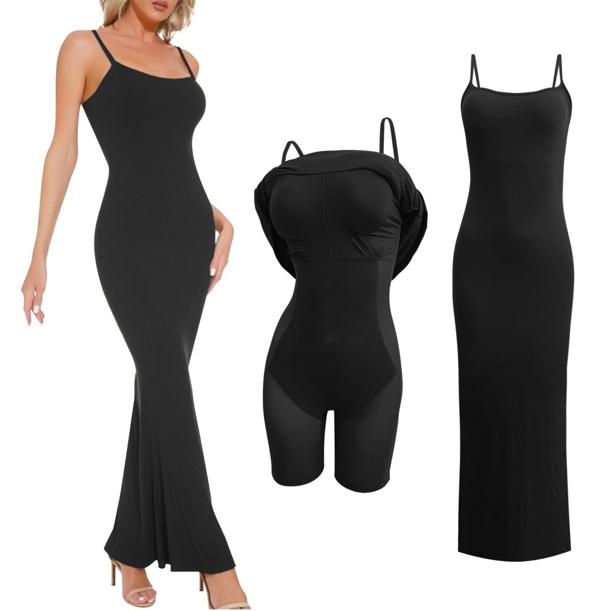 Femme qui porte une Robe Très Gainante noir à bretelle