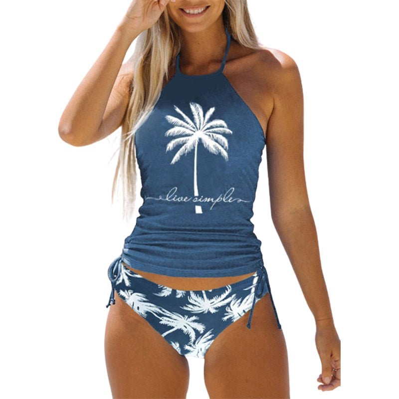 Tankini de Bain Gainant bleu gris avec motif palmier